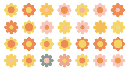 Retro groovy floral pattern with vibrant, cheerful flower icons in warm vintage color palette perfect for design projects