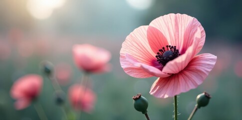 Subtle poppy blooms, pastel hues, ethereal feel, artistic backdrop, nature photography, macro