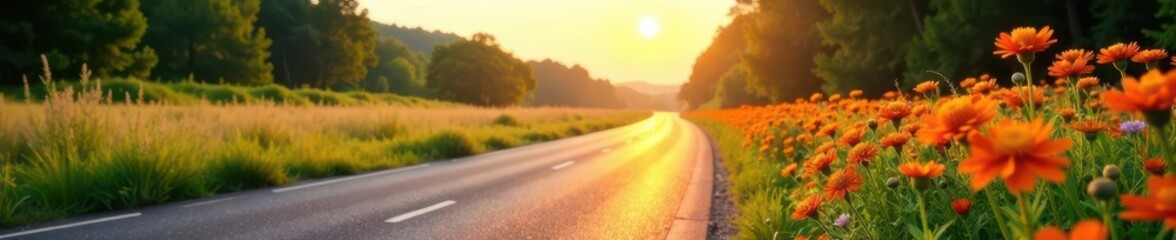 Sun-drenched highway, vibrant wildflowers blooming in median , yellow, bright, flowers