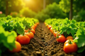 Sunlit rows of vegetables in a maturely kept garden, produce, ripe