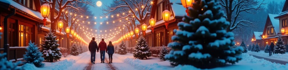 Family stroll on snowy evening under twinkling lights in festive village