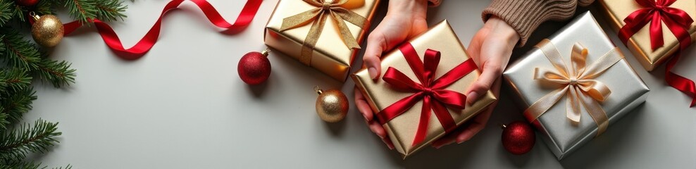 Festive gift wrapping scene with red ribbons and christmas ornaments