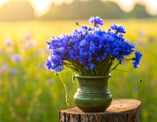 Blue flowers in a vase in a field