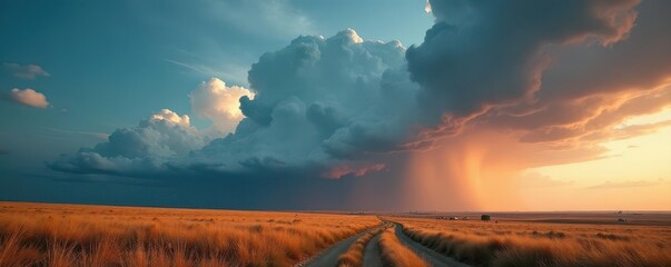 Threatening mammatus cloudscape above parched fields , nature, earth