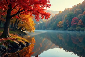 Vibrant autumn leaves reflected in still lake , tree, November
