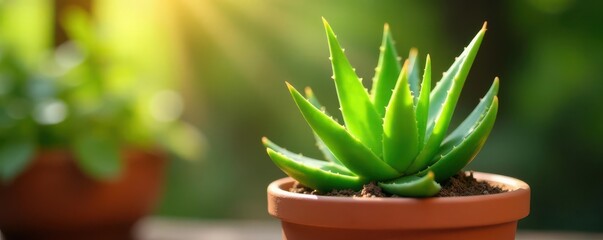 Vibrant green aloe vera in terracotta pot, sunlit , leaves, sunlight