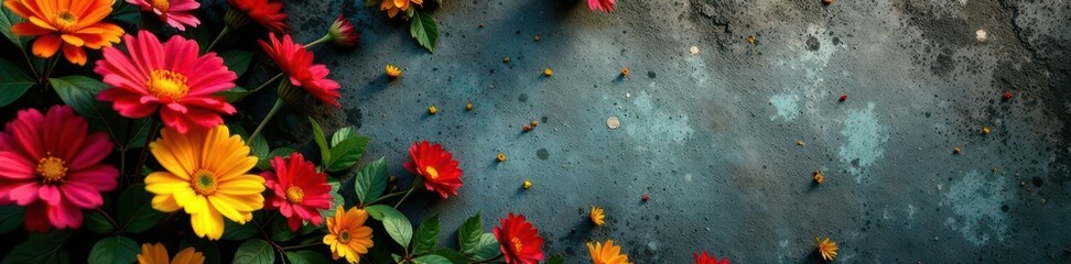 Vibrant red and yellow blooms on an old weathered tombstone , weathered, stone, decay