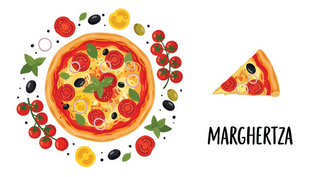 Enjoy a slice of delicious margherita pizza with fresh tomatoes, basil, and olives, perfect for a party invitation or menu design, a true Italian classic