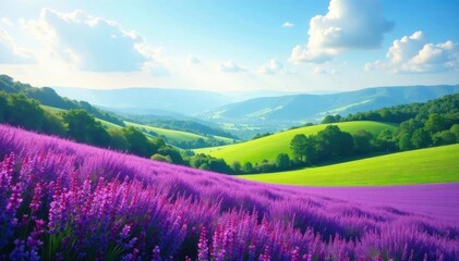 Vibrant violet amidst rolling green hills, sunny sky , background, pastel, season