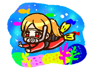 海でスキューバダイビングする女性のちびキャライラスト素材