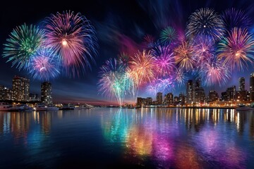 Dazzling Fireworks over City Skyline at Night
