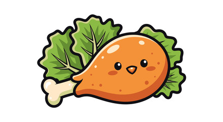 Animated crispy chicken drumstick character with happy face and leafy green decoration