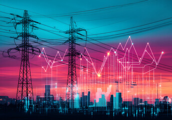 A high quality photo of high-voltage power lines against the backdrop of the sunset sky with graphs of electricity consumption statistics