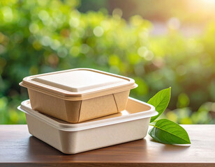 Eco friendly container compostable box biodegradable packaging recyclable tray paper lid kraft paper takeout container food packaging clean surface mockup scene. Eco friendly container with