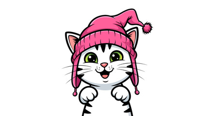 Obraz premium Charming feline cartoon character wearing winter hat offering playful greeting and joyful expression