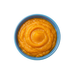 Obraz premium Pumpkin puree in bowl top view PNG. Fresh pumpkin puree PNG from above for food design projects. Homemade pumpkin puree in bowl PNG flay lay for autumn fall cooking visuals