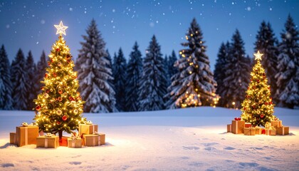 Two decorated Christmas trees with gifts in snowy forest, string lights and falling snow, warm and festive