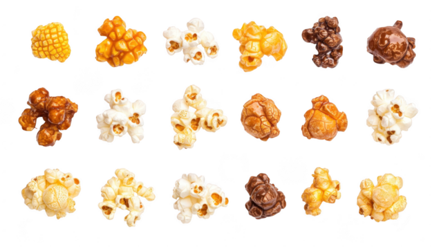 A colorful assortment of gourmet popcorn varieties arranged in a neat grid on a clean white background. perfect for snack enthusiasts or food photography