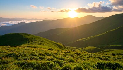 Rolling Green Hills at Sunset with Mountain Range Silhouette