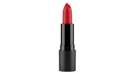 Obraz premium Vibrant red lipstick in a minimalist black case, presented as a plain cosmetic object isolated on a clean white background with no shadow