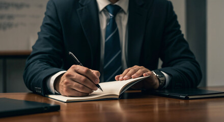 Businessman writing notes in notebook during corporate training session  