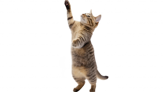 A playful tabby cat standing on its hind legs with one paw raised. its curiosity and energy in a bright. minimalistic setting. perfect for pet-related content or advertising