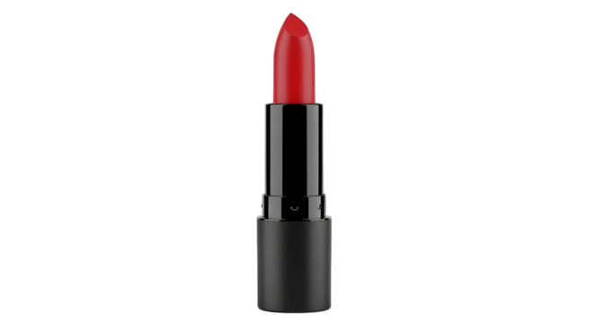 Vibrant red lipstick in a minimalist black case, presented as a plain cosmetic object isolated on a clean white background with no shadow