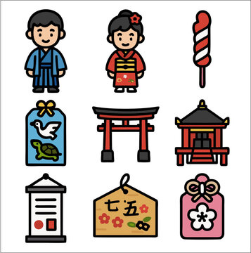 The Shichi-Go-San icons are in a flat 2D style with bold black lines and bright colors. This set celebrates the traditional Japanese festival for children
