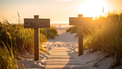 Beach Path at Sunset with Wooden Signs Leading to the Ocean