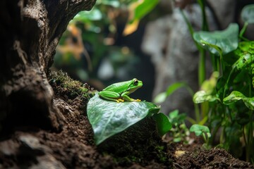 Bright green tree frog resting on the surface of a leaf