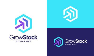 Grow stack logo design. Stack box concept vector design with abstract arrow up modern symbol graphic icon