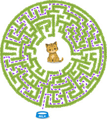 Help the cat to find way out to get milk. Vector green medium difficulty round hedge maze Illustration isolated on white background.