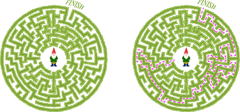 Help the garden gnome to leave the open air round labyrinth made of garden bushes and grass. Education logic game for kids, preschool and school pupils isolated on white.