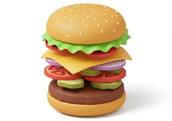 A stylized, three-dimensional illustration of a large, multi-layered hamburger, displaying its various components, including a juicy patty, melted cheese, crisp lettuce, slices of tomatoes,