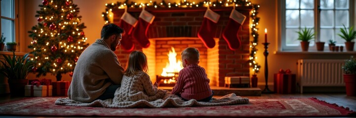 Fototapeta premium Cozy christmas evening by fireplace with family, caucasian male adult and children, warm holiday scene