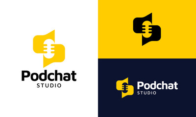 Podcast studio logo design. Abstract microphone icon with chat bubble vector graphic symbols