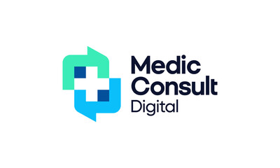 Medical consultation logo design. Cross Sign Medical vector design with chat bubble with digital pixel shape graphic icon symbol