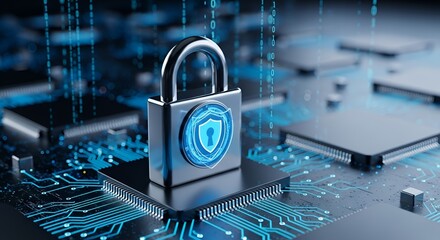 Cybersecurity protection system illustration, padlock on motherboard representing data safety