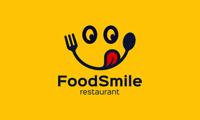 Yummy smile food logo design. spoon fork vector design with smile graphic icon symbol. Delicious, tasty eating emoji face eat with mouth and tongue gourmet enjoying taste