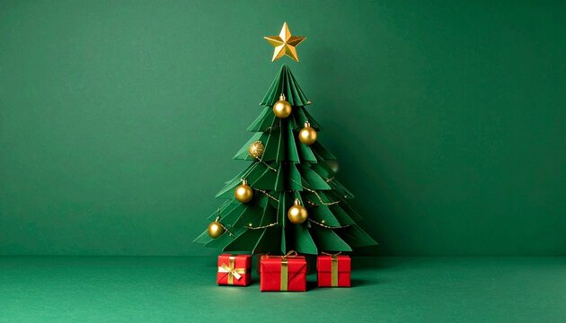 Paper Christmas tree with gold ornaments and red gifts on solid green background, clean and festive - Powered by Adobe