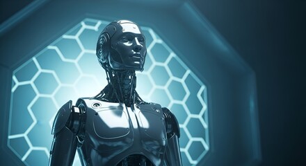 Futuristic humanoid robot standing in a technologically advanced environment vision