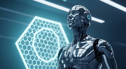 Futuristic humanoid with hexagonal grid background displaying technological integration
