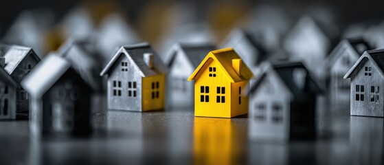 The Yellow House Standing Prominently Among Gray Model Homes on Reflective Surface