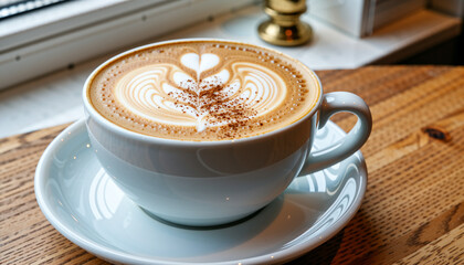 Freshly made cappuccino with a heart latte art design on wooden table