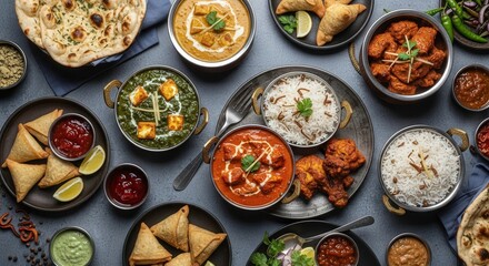 Indian food dishes platter variety restaurant menu background top view