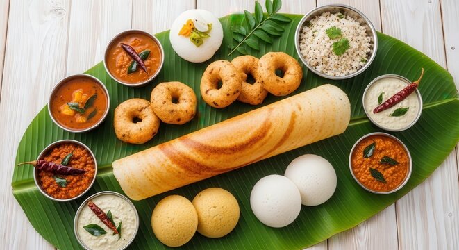 South Indian breakfast food idli dosa vada sambar chutney Top view photogra
