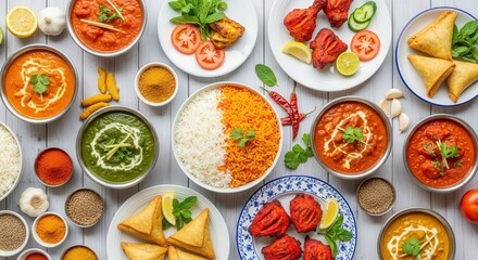 Indian food dishes platter variety restaurant menu background top view