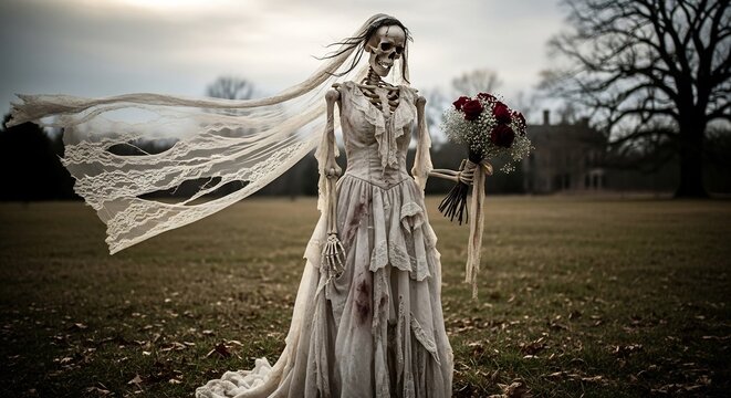 A skeleton bride in tattered dress veil and bouquet stands in a field building and bare tree behind somber mood
