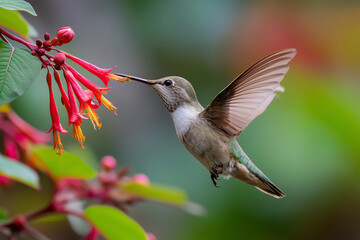 High contrast photo of graceful hummingbird feeding on vibrant red flowers, showcasing its delicate wings and iridescent feathers against blurred natural background