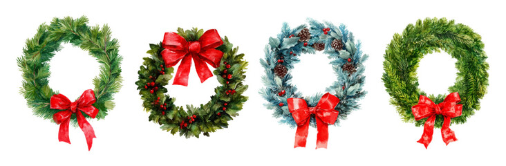 Green Christmas and New Year wreaths decorated with a red bow. The wreath is woven from green Christmas tree branches. Christmas decor for doors. Vintage Christmas decor elements.